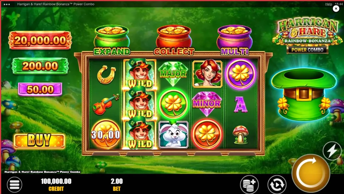 Tampilan visual slot Harrigan & Hare Rainbow Bonanza Power Combo dengan latar belakang perbukitan Irlandia