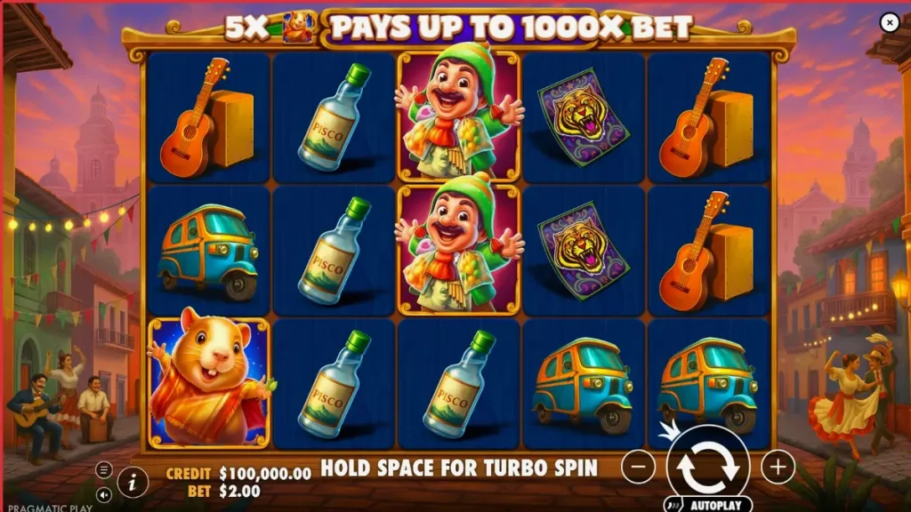 Tampilan antarmuka seluler slot Super Peru Fest dengan simbol meriah